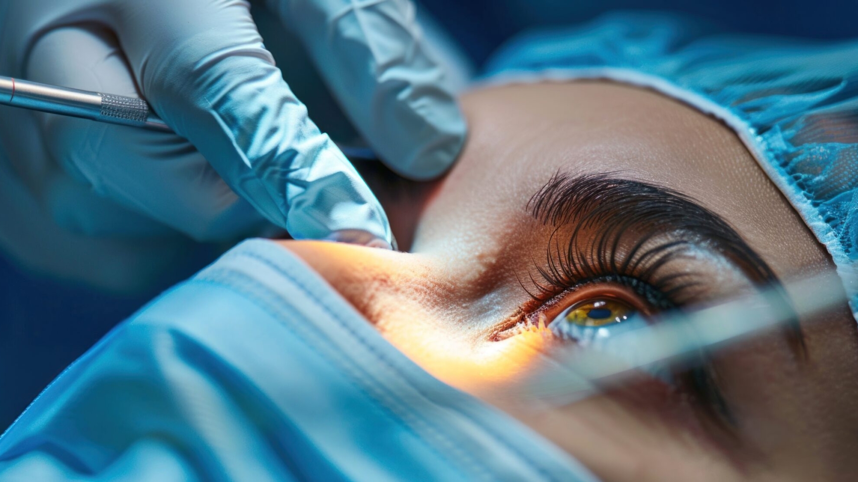 ophthalmology operation. Surgeon's hands in gloves performing laser eye vision correction correction. ophthalmology