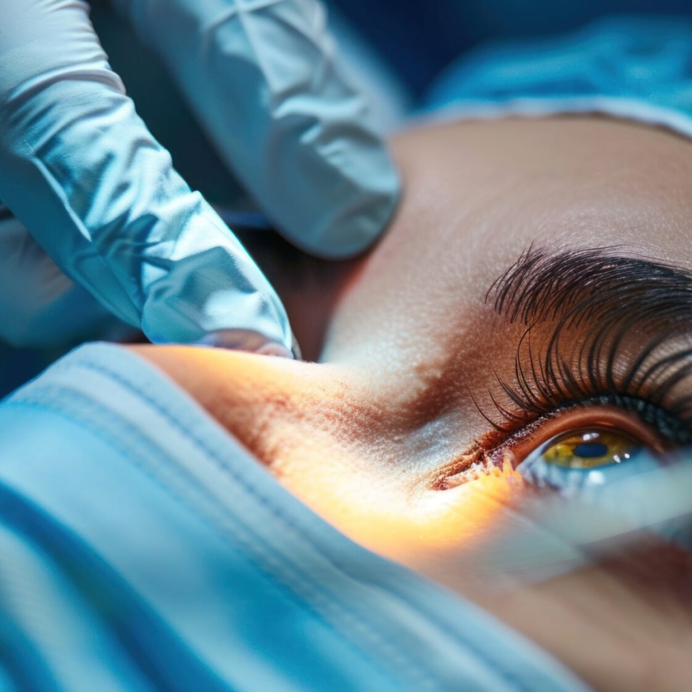 ophthalmology operation. Surgeon's hands in gloves performing laser eye vision correction correction. ophthalmology